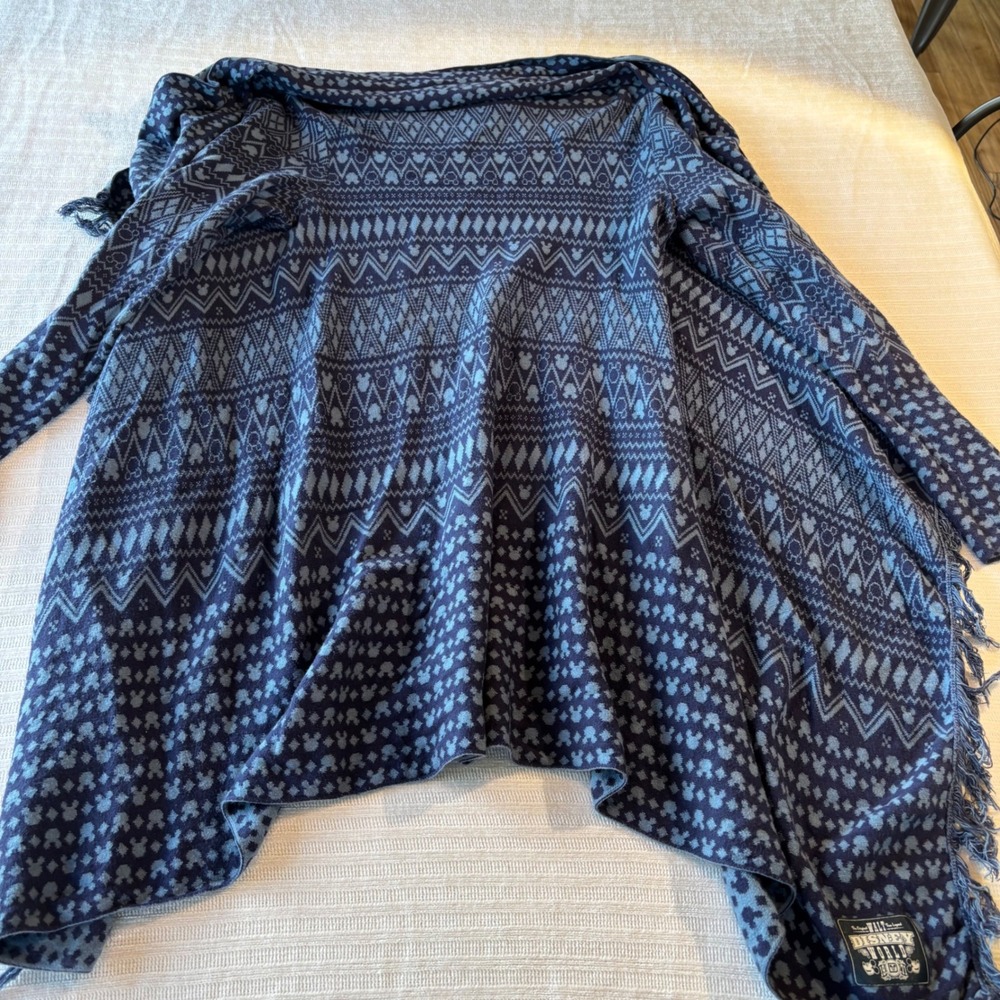 Disney Parks Mickey Mouse Blue Fair Isle Fringe Open Front Cardigan Sweater M/L - Picture 3 of 7